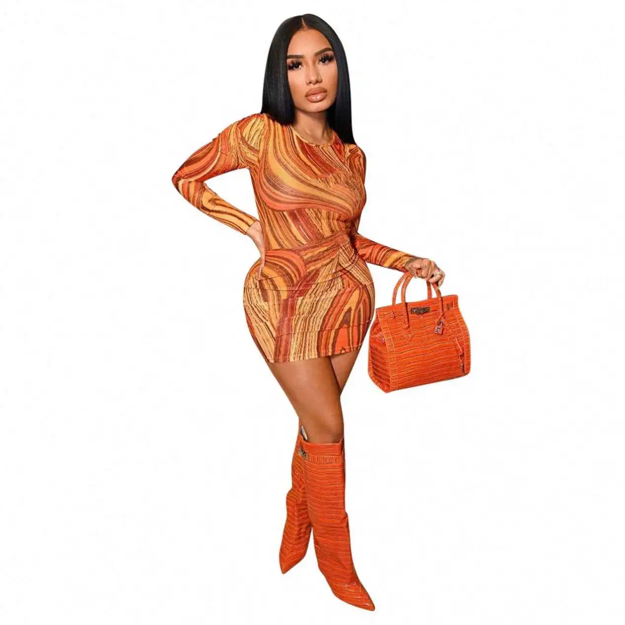 2024 Fashion Women Clothing Plus Size Dress Autumn And Winter Printing Round Neck Slim Fit Sexy Long Sleeved Dress