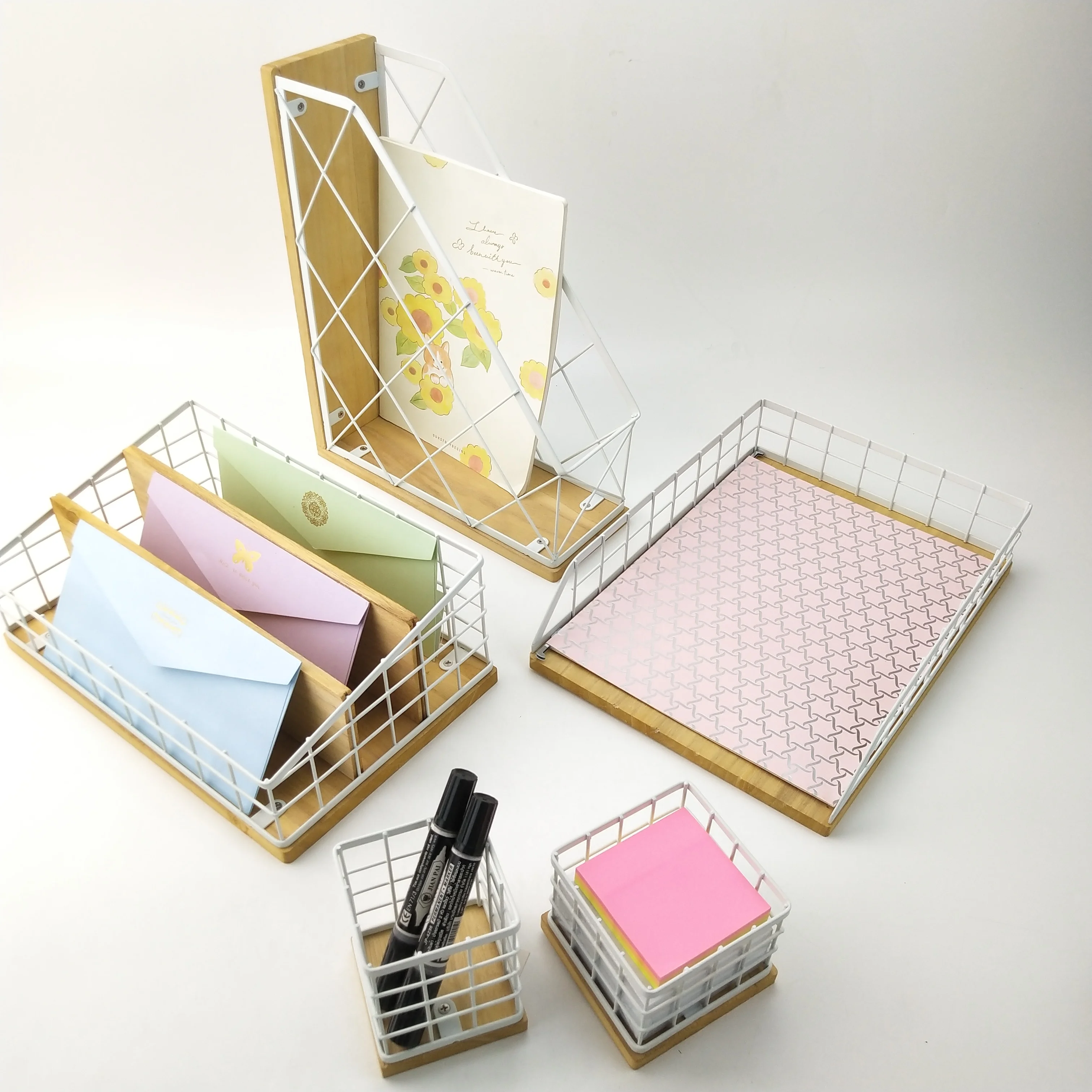 organizadores de oficina Desktop Item Office Accessories for Desk Stationery Holder 5 Pcs Wooden Desk Organizer Metal Office Set