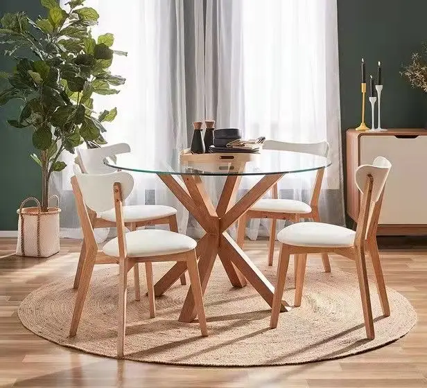 Factory Price Modern Stylish Clear Glass Cross Wood Base Dining Table Home Furniture Round Dining Table