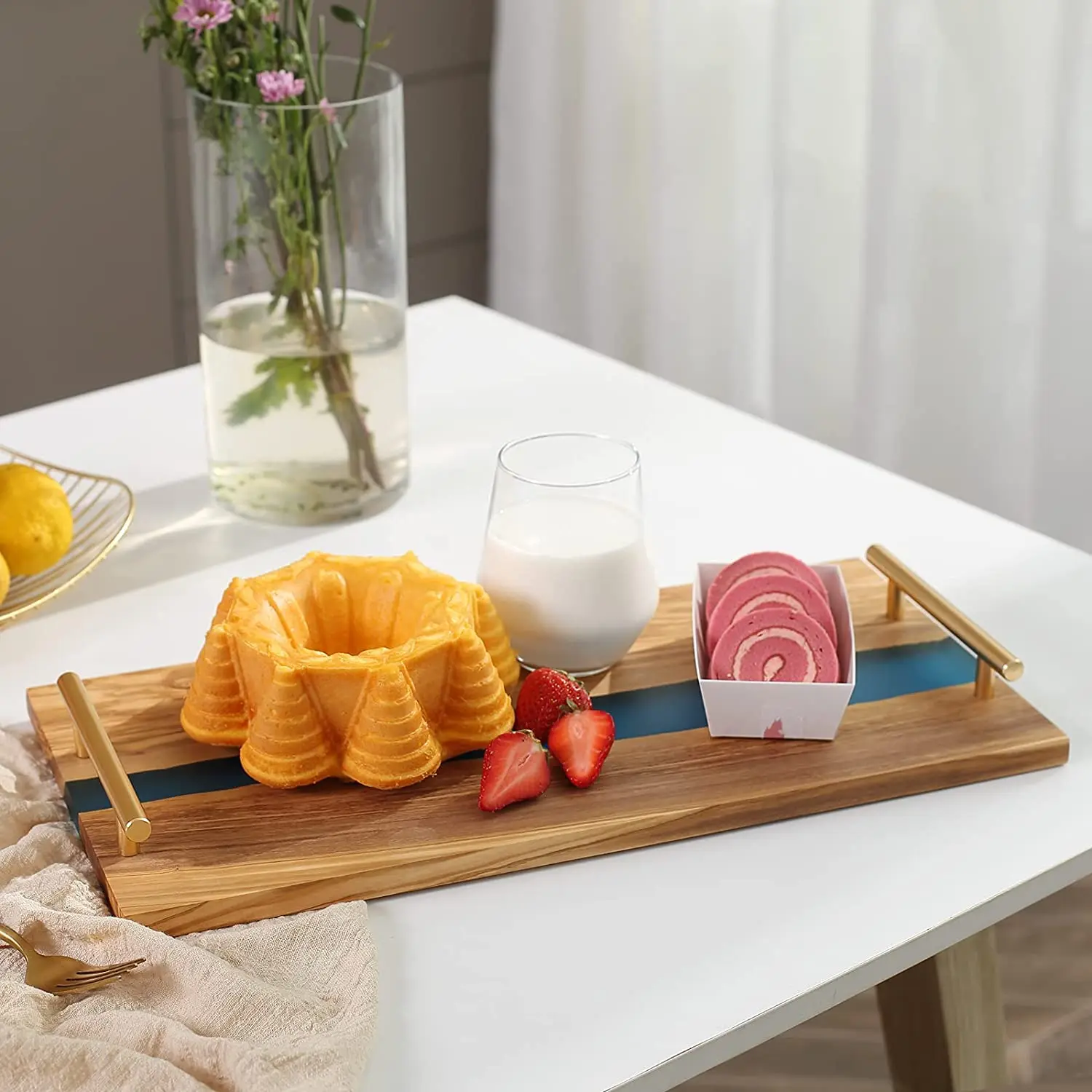 Olive Wood Carved Wood Tray Resin Trays With Gold Handles