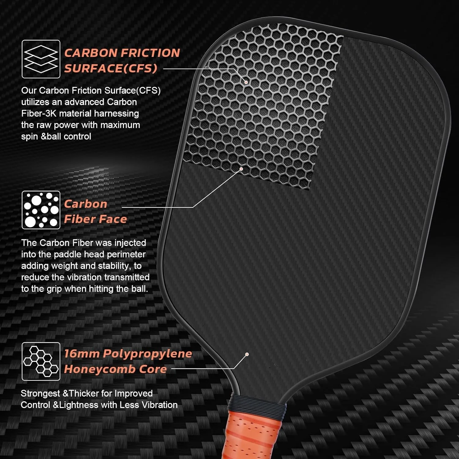 Профессиональная лопатка Pickleball с 3K поверхностью из необработанного углеродного волокна (CFS) и 16 мм полипропиленовым сотовым сердечником