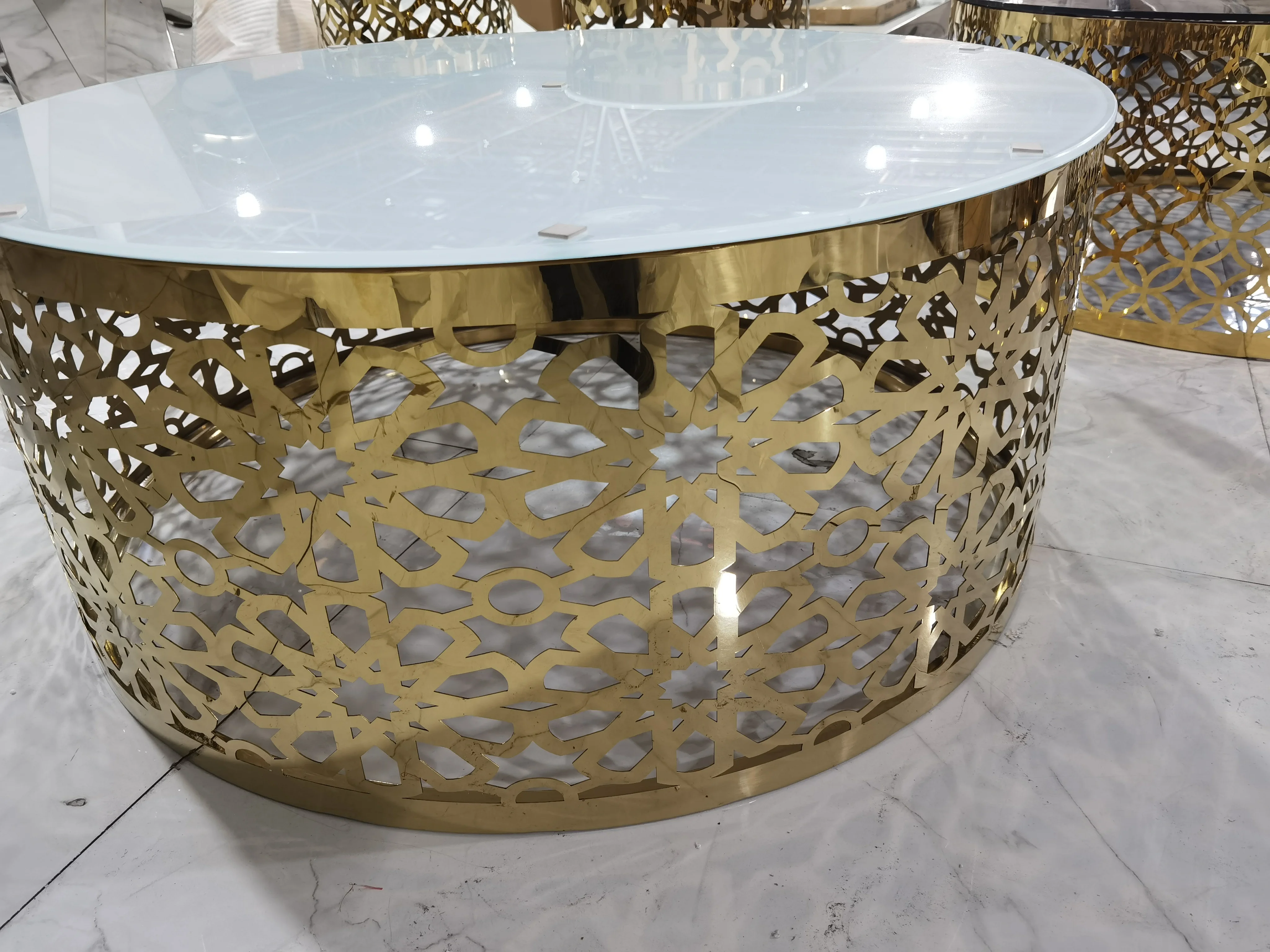 Arabic style gold drum coffee table modern design super white tempered glass top coffee table