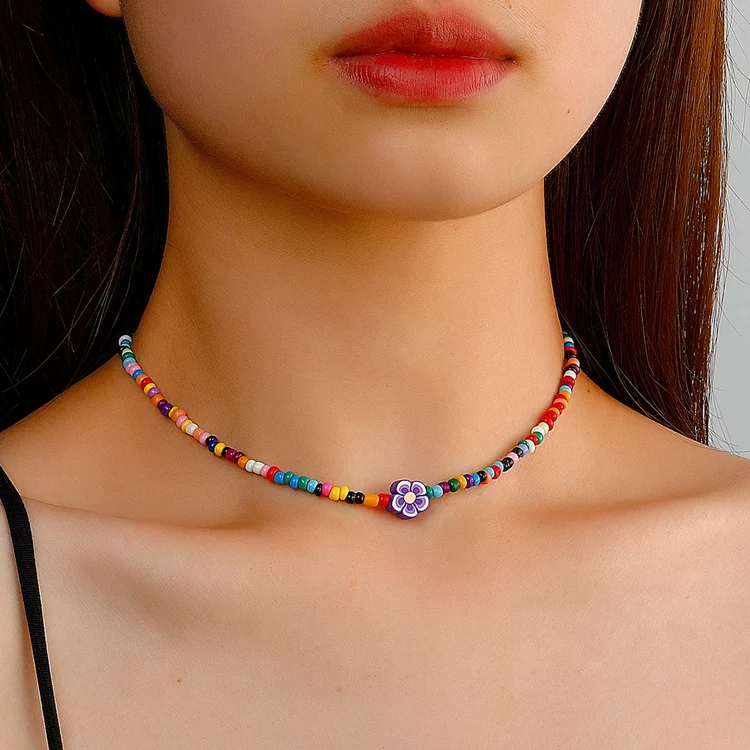 QW-150 Wholesale Fashion Bohemia Short Neck Jewelry Women Seed Beads Papaya Lemon Flower Polymer Clay Choker Necklace