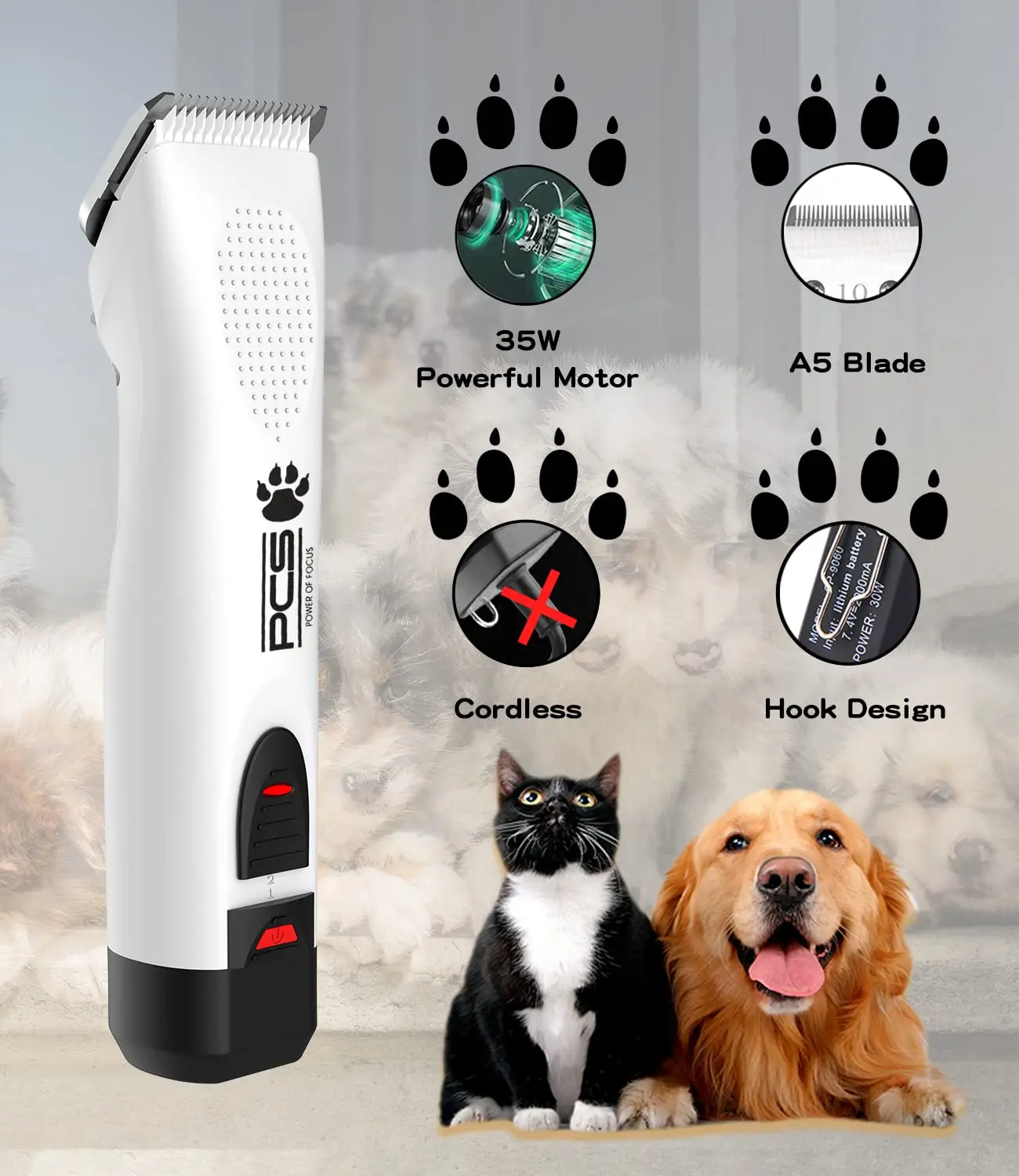A5 2-Speeds Dog Grooming Clippers kit Professional Cordless Animal Dog Grooming Clippers with Detachable 7F 10# 30# Blades