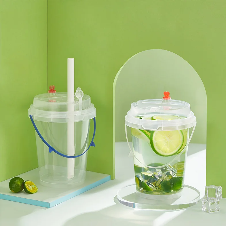 Wholesale 32oz Plastic Drink Buckets IML Printing Disposable Fruits Container Clear Bucket Cups With Lid