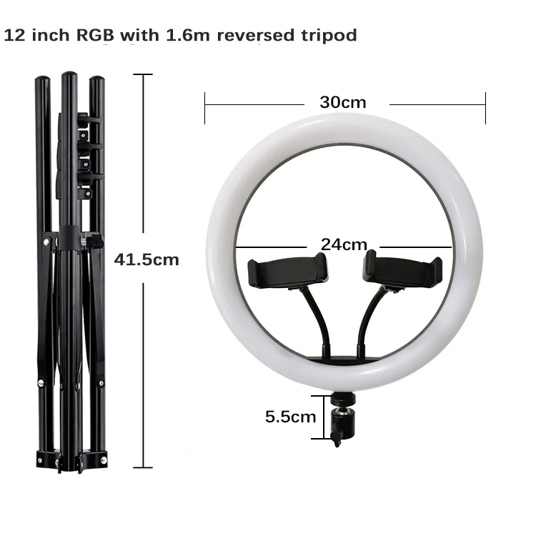 12 inch video LED Selfie Ring light RGB dimmable Ring phone light with 1.6m Tripod Stand for Live Stream YouTube