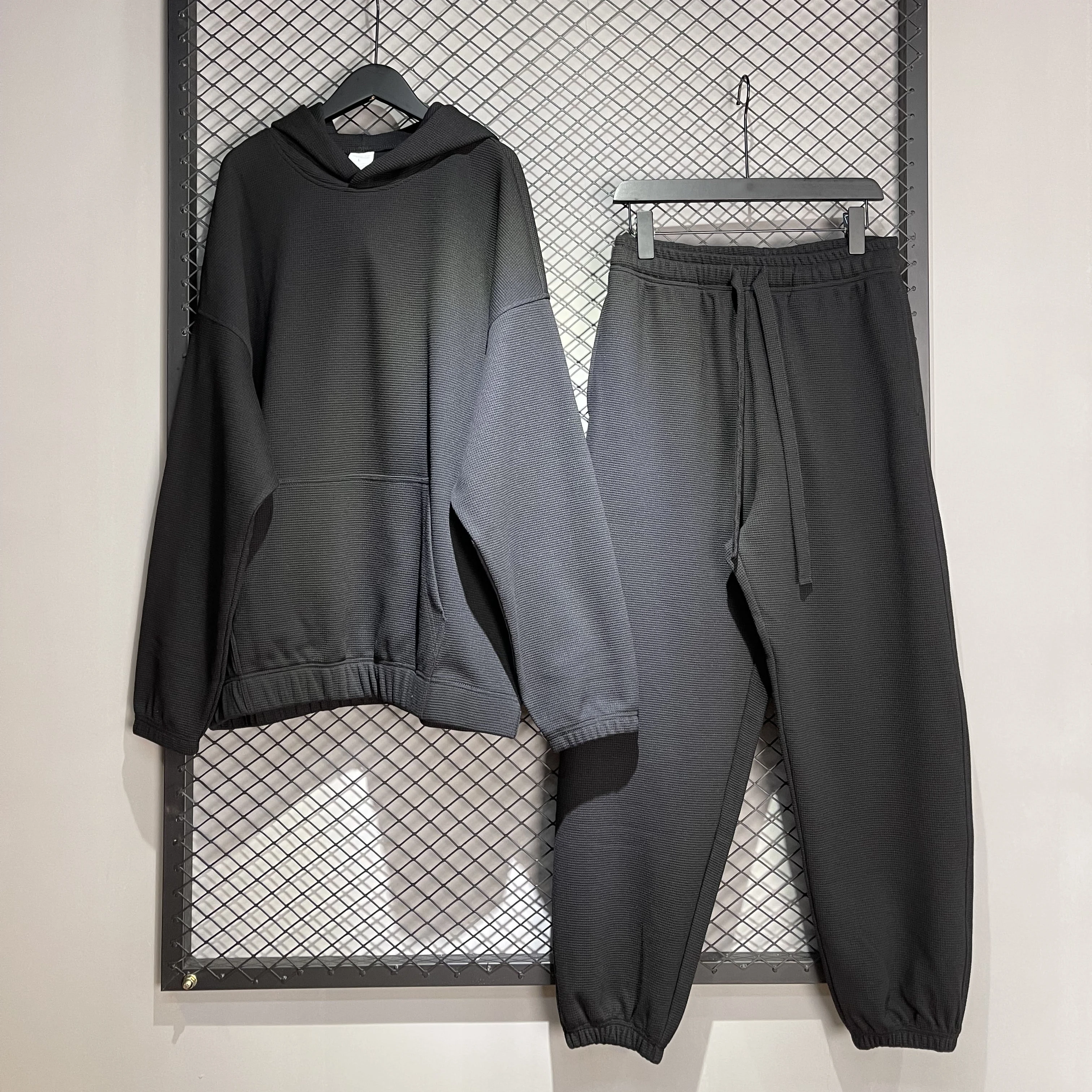 custom blank plain oversized tracksuit unisex loosen hem hoodie no string waffle hoodie and jogging pants for men set TS-11