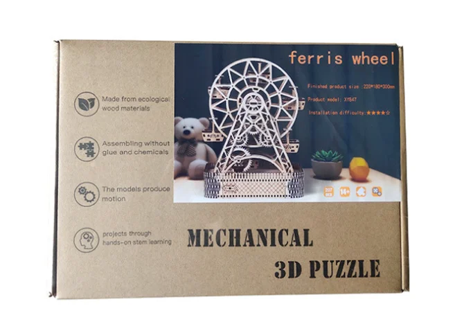 Rotatable DIY Wooden Model Mechanical Handicraft Kits Assembly Puzzles Decor Toy Gift Ferris Wheel 3D Wooden Puzzle