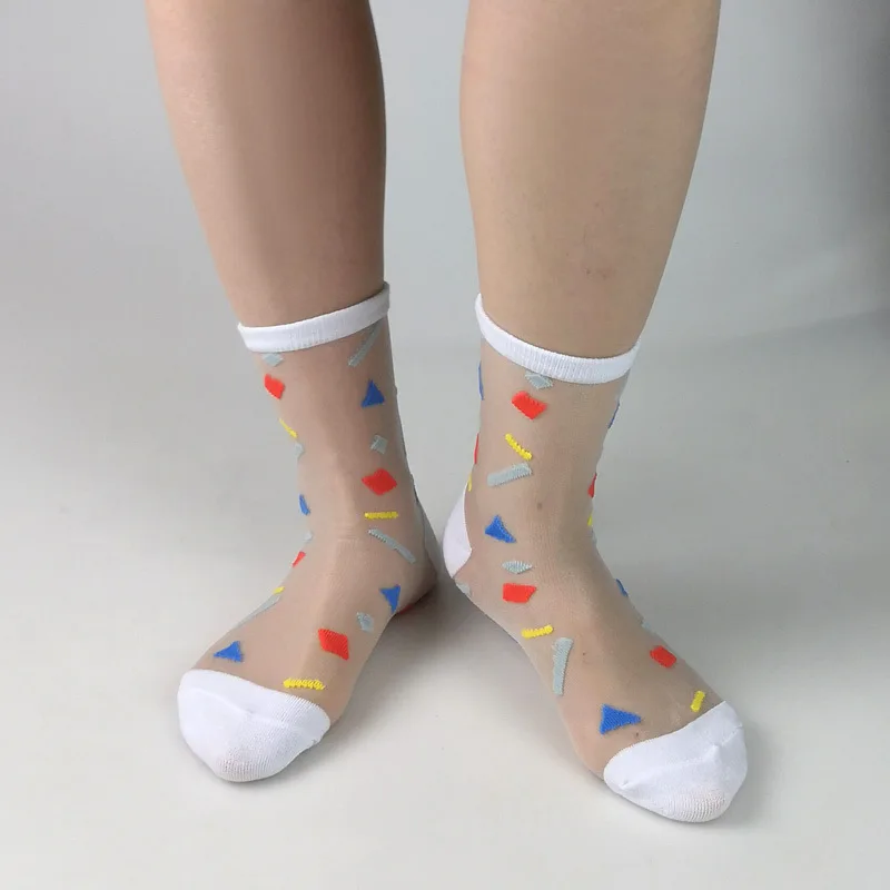 Women Summer Nylon Sheer Silk Colored Socks Women Crystal Silk Thin Transparent Fashion Sheer Mesh Crew Socks