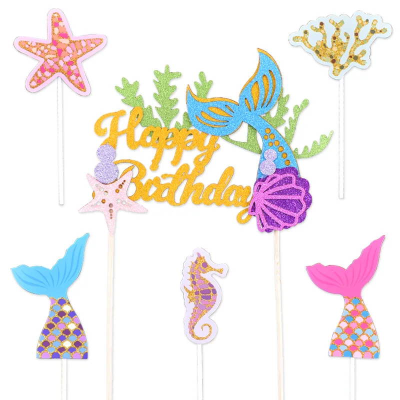 Ocean Set Theme for Birthday Party Mermaid Cake Tooper Starfish Topper Cake Decor Multi-layer Fishtail Cake Decorating Kit