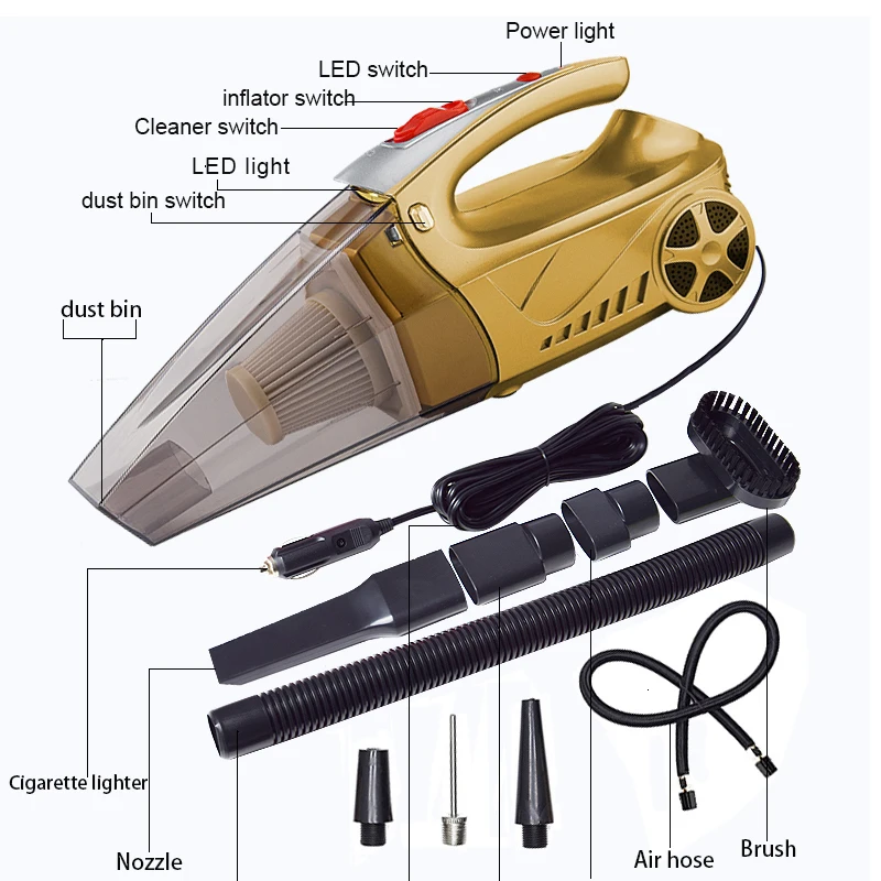 Car Vacuum Cleaner 4 in 1 Multifunctional High Power Tire inflator Handheld Lightweight Wet Dry Vacuum for Home Car Cleaning