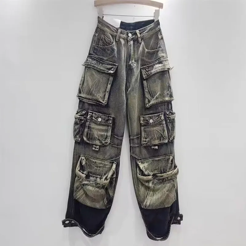 Bomblook C1016PT01 Winter Tie Dye Denim Wide Leg Jeans Cargo Jeans Women High Quality Denim Pants With Pockets Women