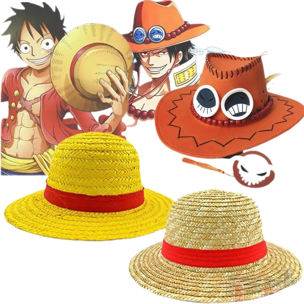 2 Styles 2 Sizes Hot Japanese Luffy Straw Hat Ace Cowboy Hat Cartoon Sunscreen Cosplay Neck String Hats Anime for Adult Kids