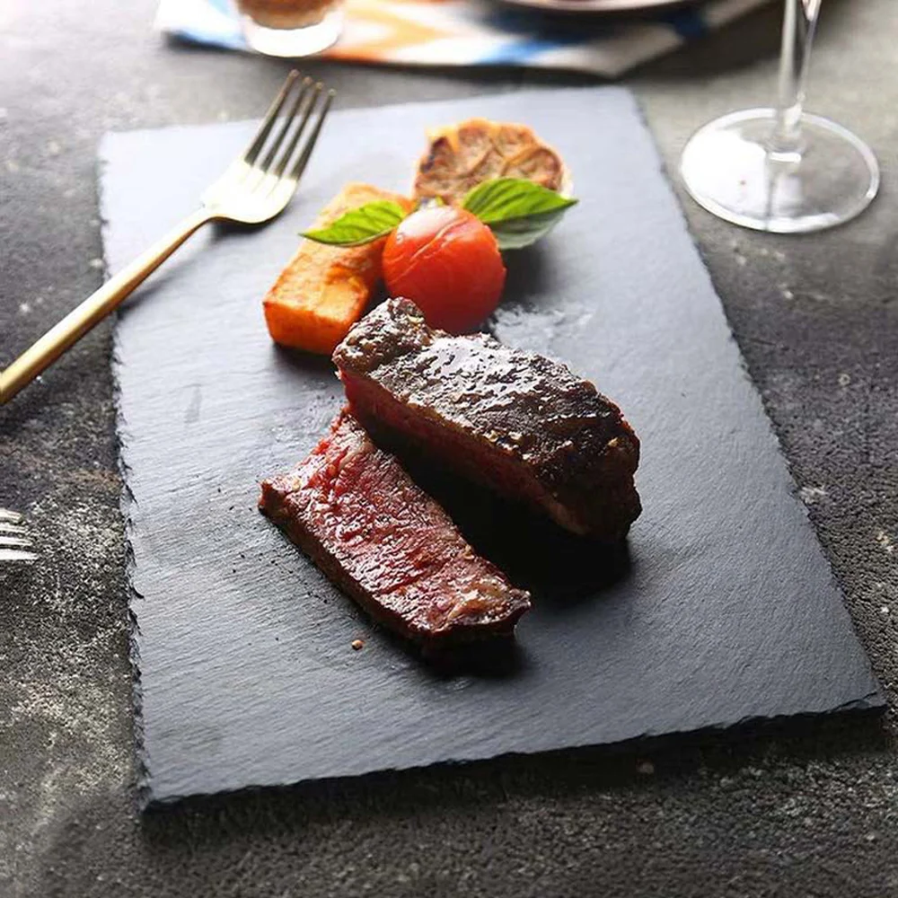 custom wholesale natural silver black rectangle round slate plates for hotel restaurant
