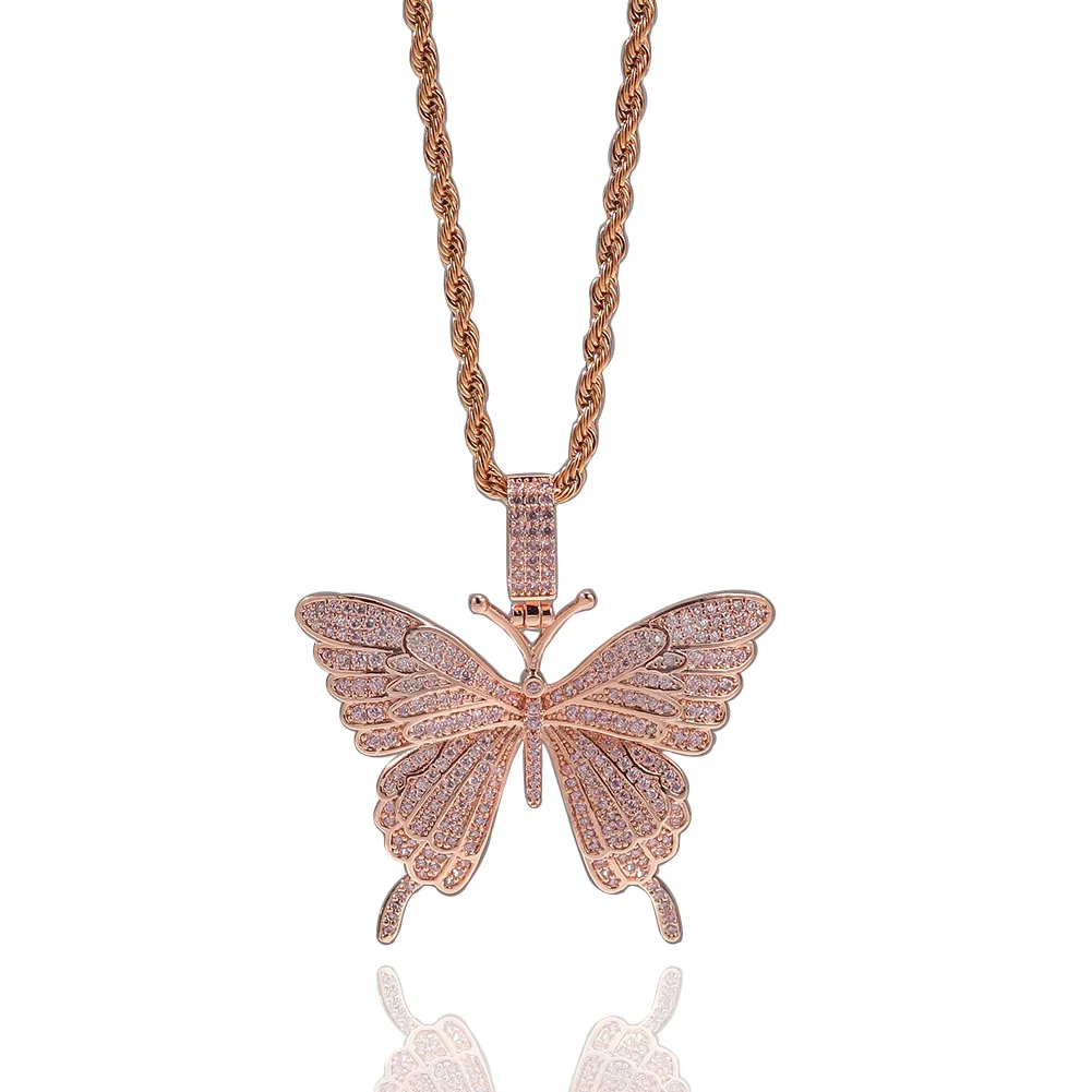 Pink color Small Cute Fine lovely butterfly necklace jewelry gift for girl hip hop iced out pink butterfly necklace