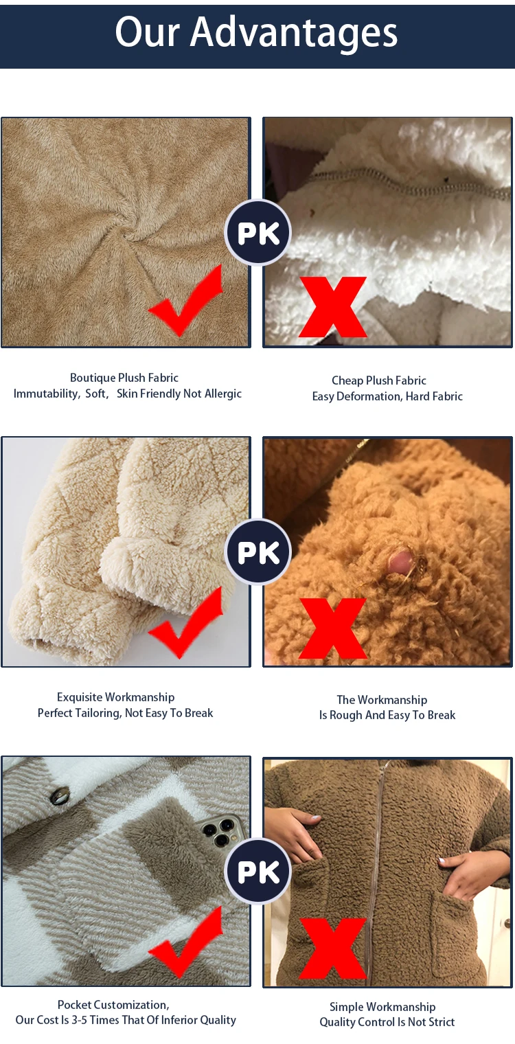 Custom high quality fleece jacket zip up button fur coat thickening with cotton sherpa teddy fleece jacket for women