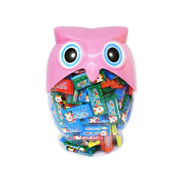 OEN wholesale fresh multi-fruit flavored gum Fun and tasty owl shaped jar tattoo sticker bubble gum