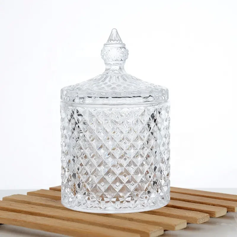 Glass Candle Jar Crystal Jar Diamond Shape Candy Jar Luxury Storage Bottles & Cover Giveaways Transparent Glass Holder With Lid