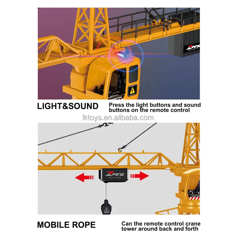 9 Channel RC Mega Tower Crane 128cm 2.4GHz Remote Control Construction Site Toy Rotation Lift Model with Tower Lights and Sounds