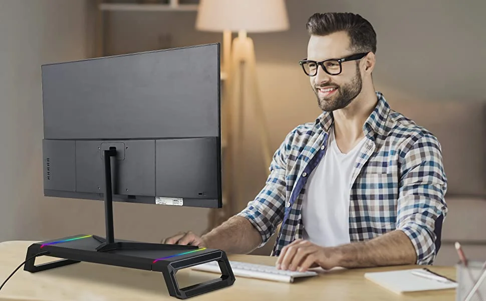 Home Office Desktop Foldable Gaming Lights Computer RGB Monitor Riser Stand with USB HUB and drawer