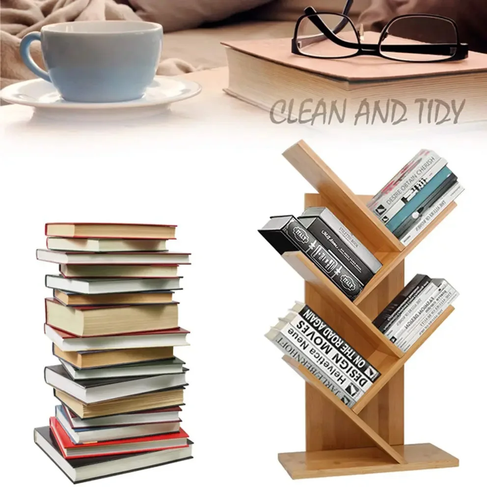Factory Custom Standing Type Bamboo Bookshelf Tree Shape Movable Desktop Organizer for Bedroom