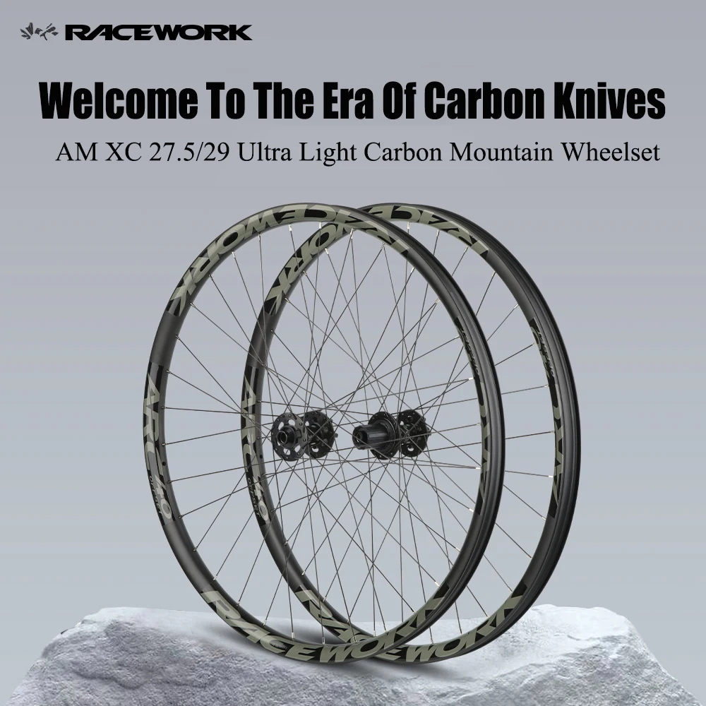 RACEWORK 29er MTB Carbon Wheels HG 10/11S Mountain Bike Thru Axle Disc Brake 28H Straight Pull Hub Carbon MTB Tubeless Wheelsets