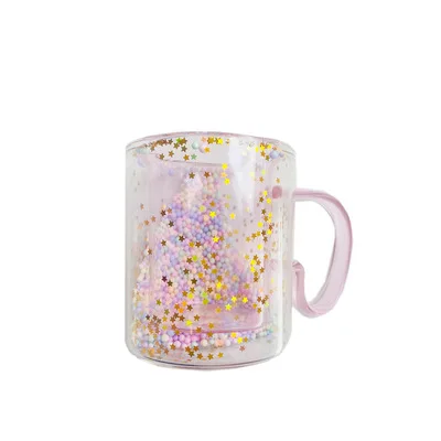 New Design Quicksand Bubble Heat Insulation Anti-scalding Beverage Drinking Cup Double Wall Juice Glass Cup with Pink Handle