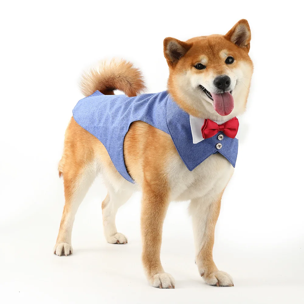 Wholesale Four-Color Linen Dog Suit Waistcoat Dress New Cross-Border Pet Tuxedo with Saliva Towel Two-Piece Clothing