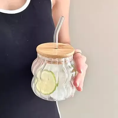 Large capacity Glass bottle with straw Bamboo wood cover hole glass high quality ice latte juice cup