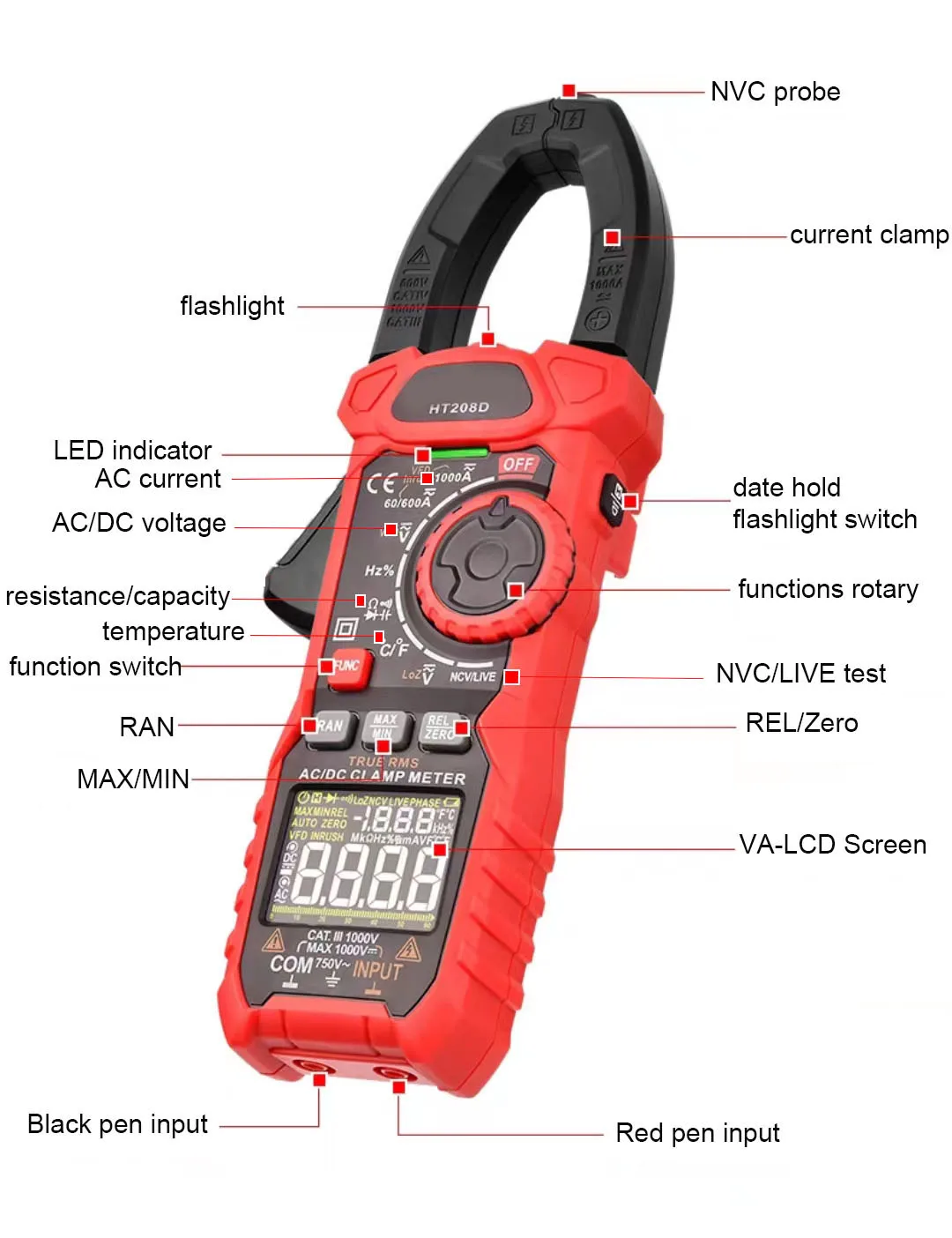 HT208D 1000A/1000V AC/DC Digital Clamp Meter True-RMS Multimeter Anto-Ranging Multi Tester Current Clamp