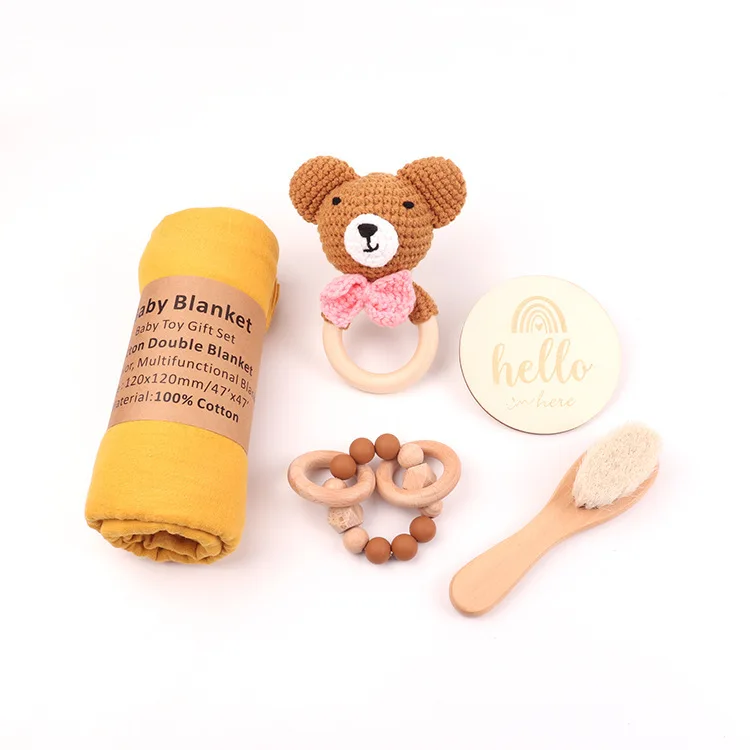 Newborn Toddler Shower Gift Set for Baby Boys and Girls Wooden Keepsake Muslin Bibs and Rattle in Elegant Gift Box