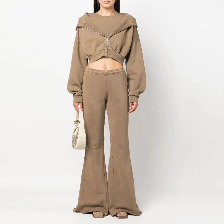 Custom 100% Cotton Women Acid Wash Flared Track Pants Tracksuits Flare Sweatpants And Hoodie Set