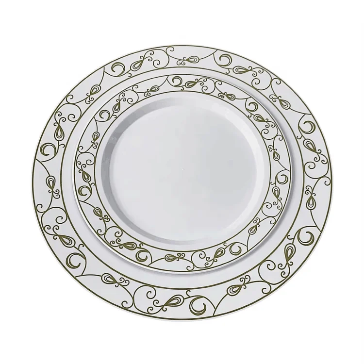 10.25 Inch Party Disposable Plastic Plate with Gold Rim Hot-stamping Flower Rimmed Dessert Plate for Dinner