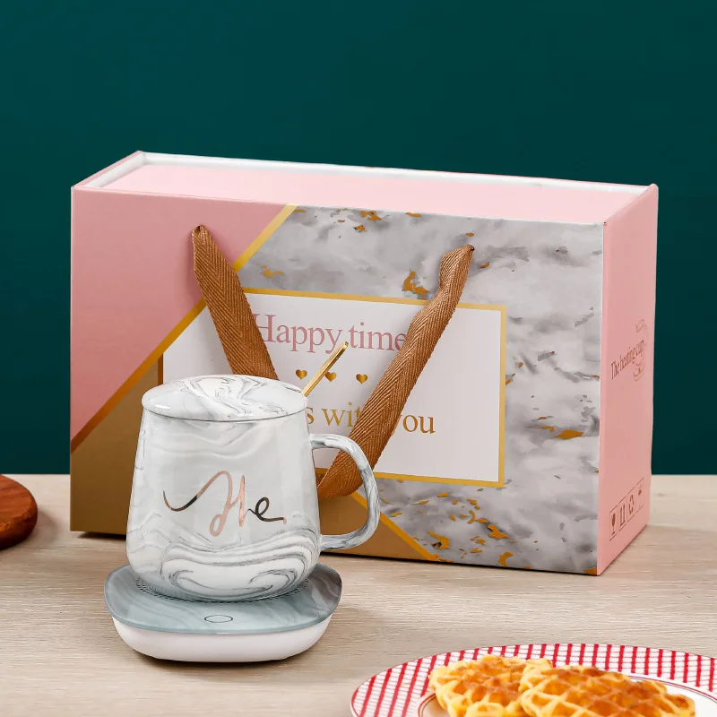 55 Degree Constant Temperature Heated Coffee Mug Warmer Cup Marble Pattern Ceramic Mug Set with Heating Pad