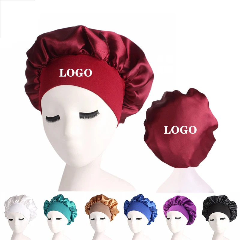 Custom Logo Plain Night Wide Edge Silky Sleep Cap Women Hair Silk En Satin Bonnets With Elastic Band