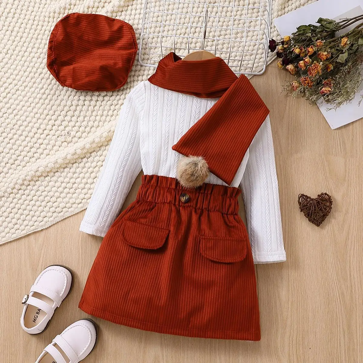 Wholesale 4-7 Years Winter Long Sleeve Girls Clothing Set Kids Teenage Children Sweater+Skirt+Scarf+Hat 4 Pcs Set