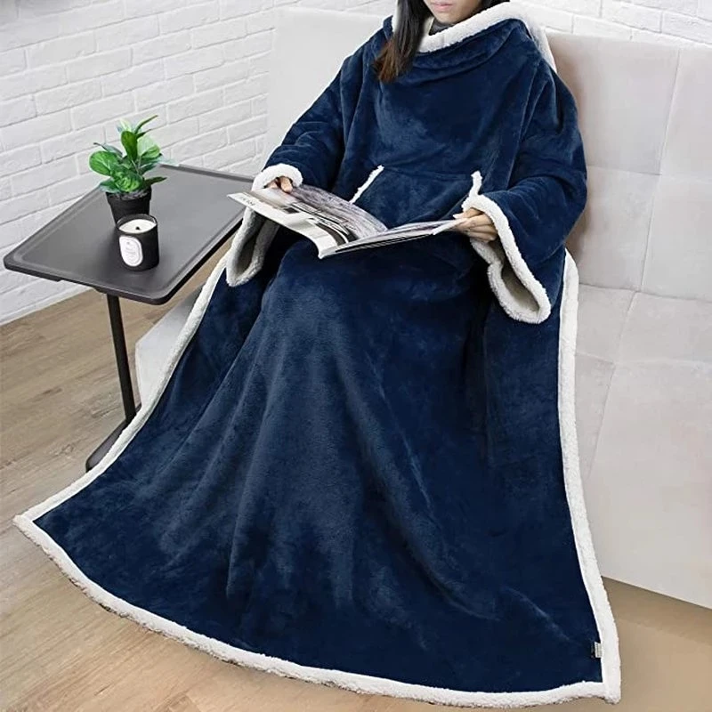Sample Available Wearable Blanket Winter Fleece Blanket With Sleeve Button Oversized Hoodie Solid Plush Sweatshirt Thick Loose