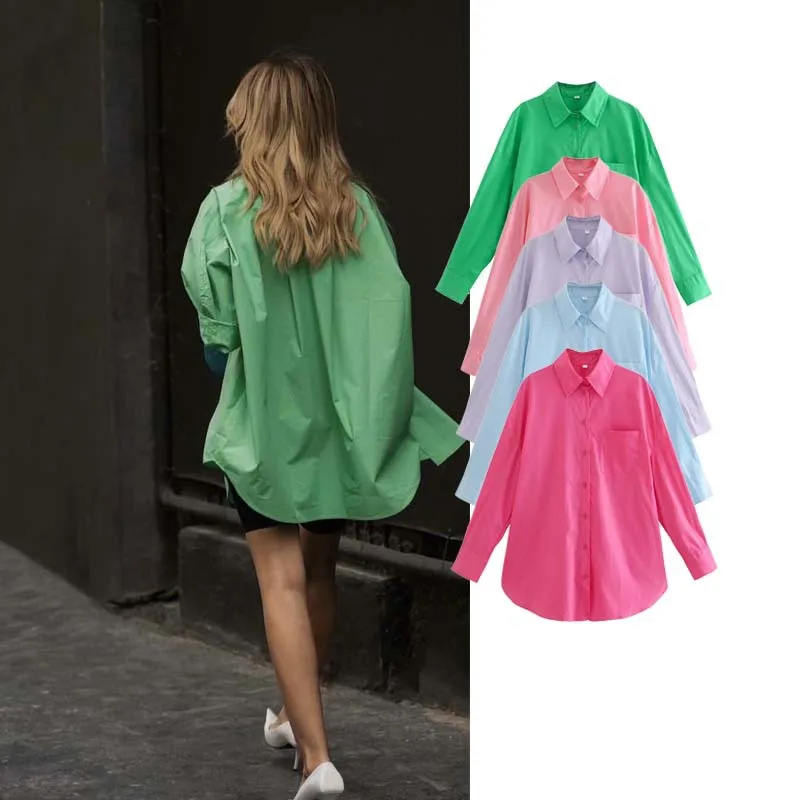 2022 new candy color soft women fashion long sleeve shirts cotton lady shirts with pocket