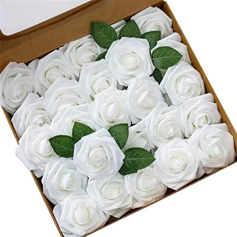 Wholesale 8CM Artificial Rose With Leaves 25PCS Home Decoration PE Simulation Rose Flower Foam Flowers DIY Gift For Wedding