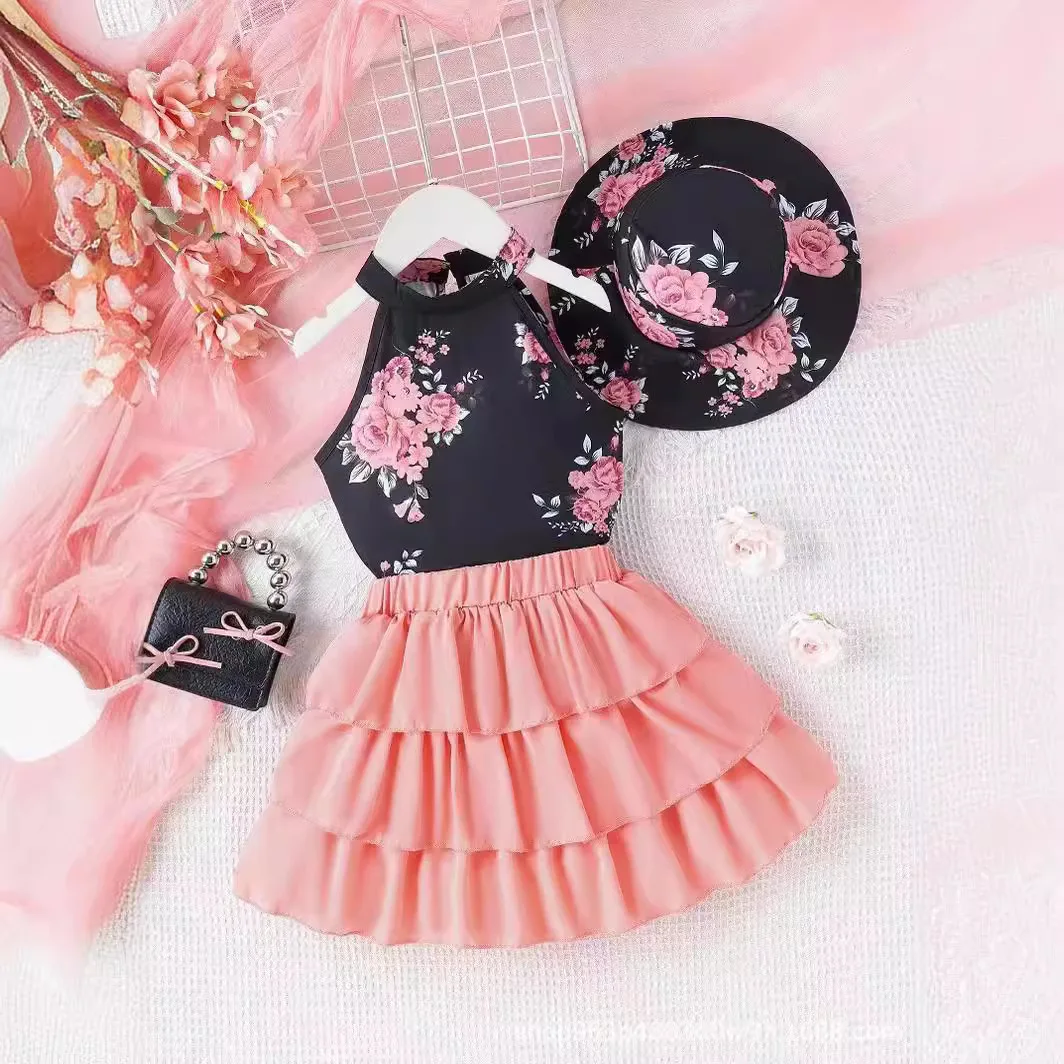 2024 Summer Cute Girls 3Pcs  Clothes Floral Printed Halter Top Cake Skirt Hat Toddler Clothing Suit Kids Outfits Wholesale