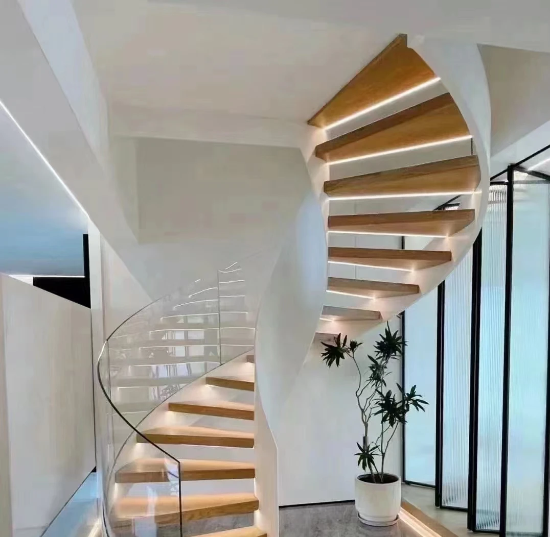 Building Standard Marble Curved Staircase Glass And Wood Stairs Design