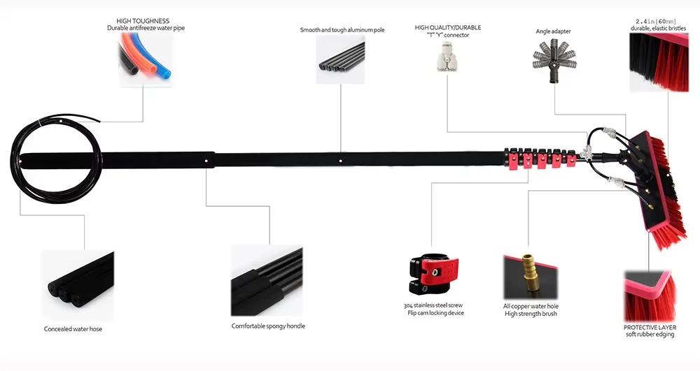 Telescopic water fed extending brush water fed pole system window cleaning washing kit