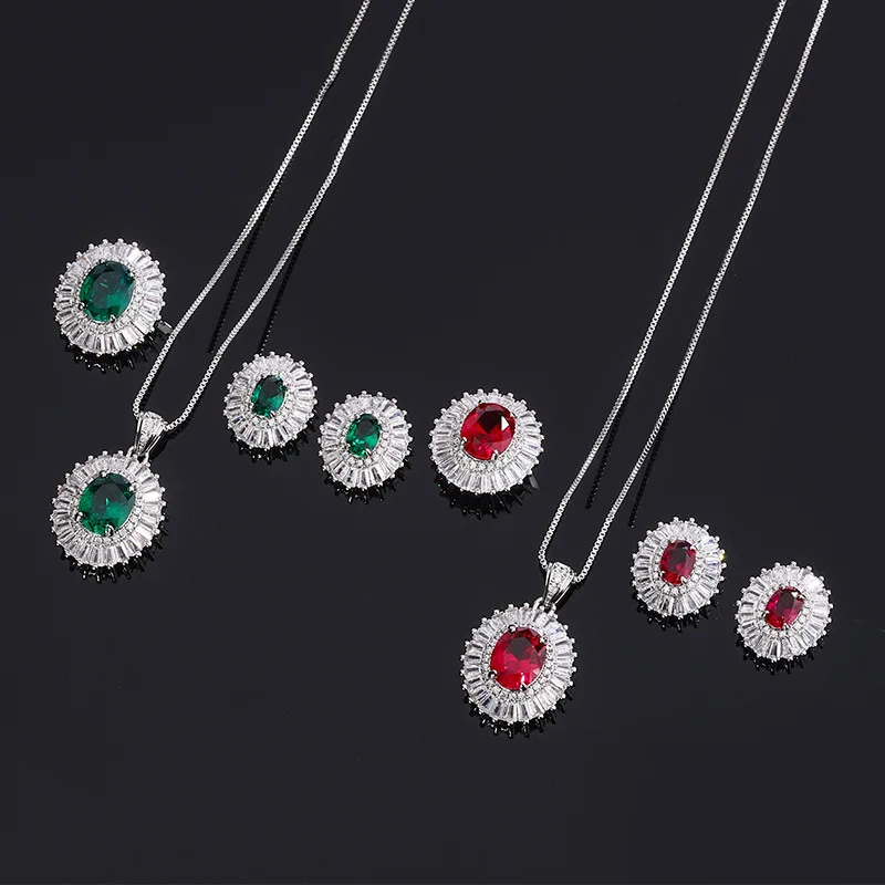 Light luxury jewelry S925 silver needle moissanite earrings emerald drop necklace colorful treasure pigeon blood red ring