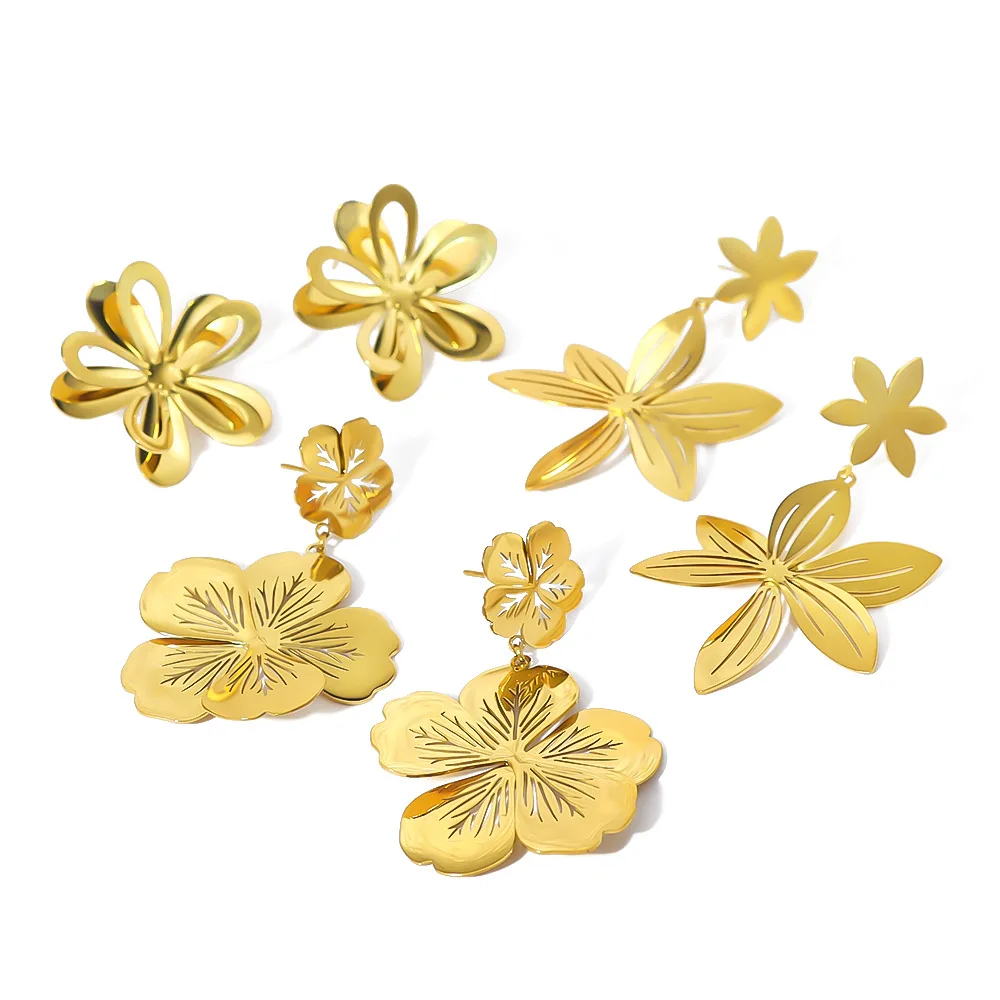 18k Gold Plated Stainless Steel Earrings High Quality Fashion Carved Hollow Petals Pendant Earrings Gift