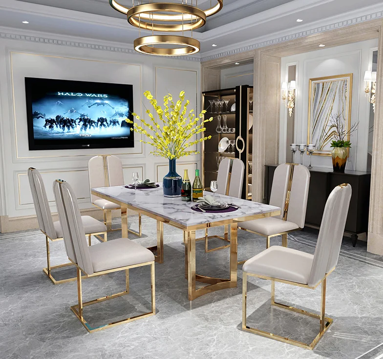 Italian Fashion Light Luxury Style Custom Stainless Steel Dining Table Match With 6  Seat Chair