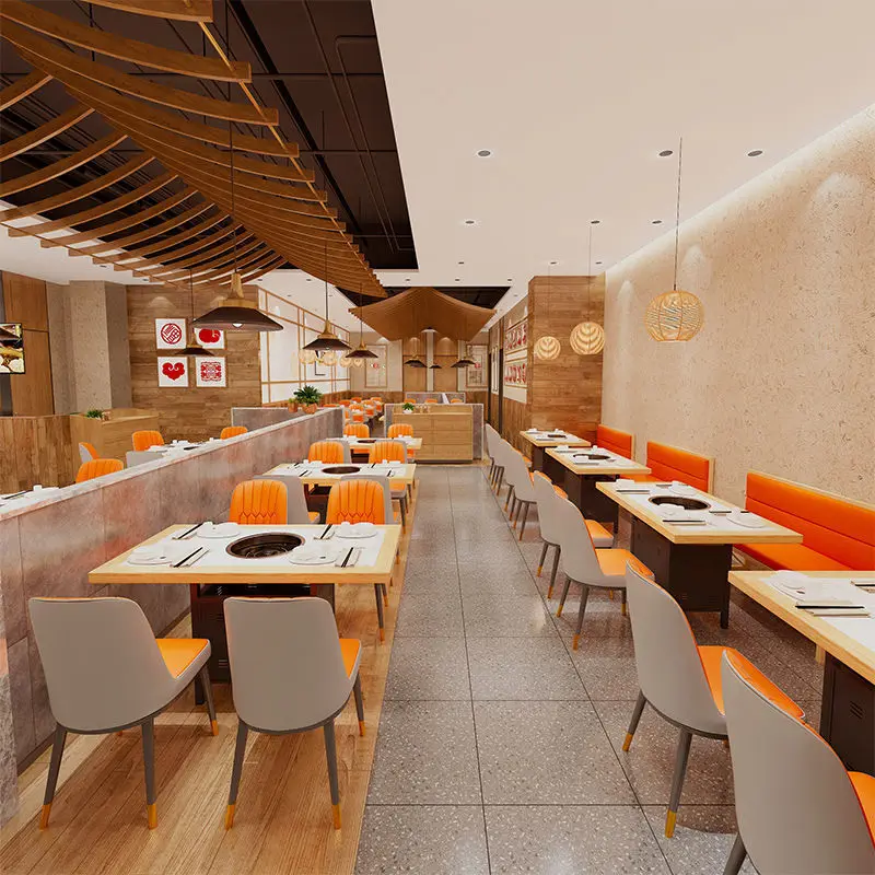 Solid wood rock plate hot pot table commercial barbecue restaurant restaurant Marble table and chair combination card seat