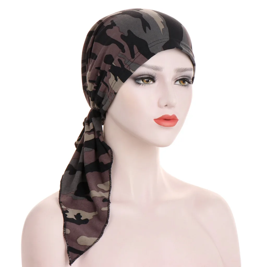 2021 new spring and autumn style curved two-tail scarf hat Muslim Baotou hat Floral cloth pullover scarf