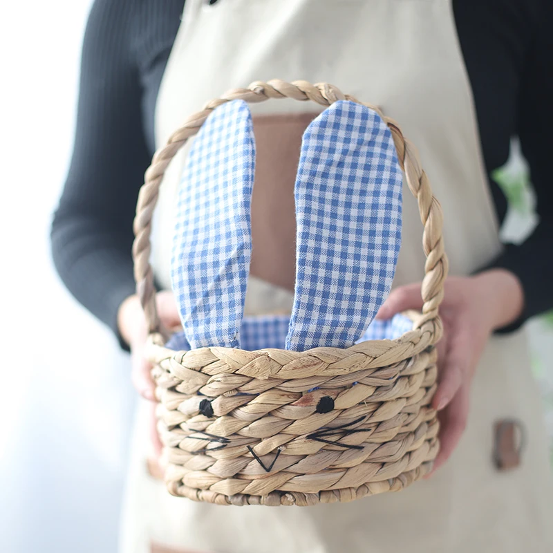 Wholesale kids bunny easter egg candy basket custom water hyacinth woven straw picnic basket