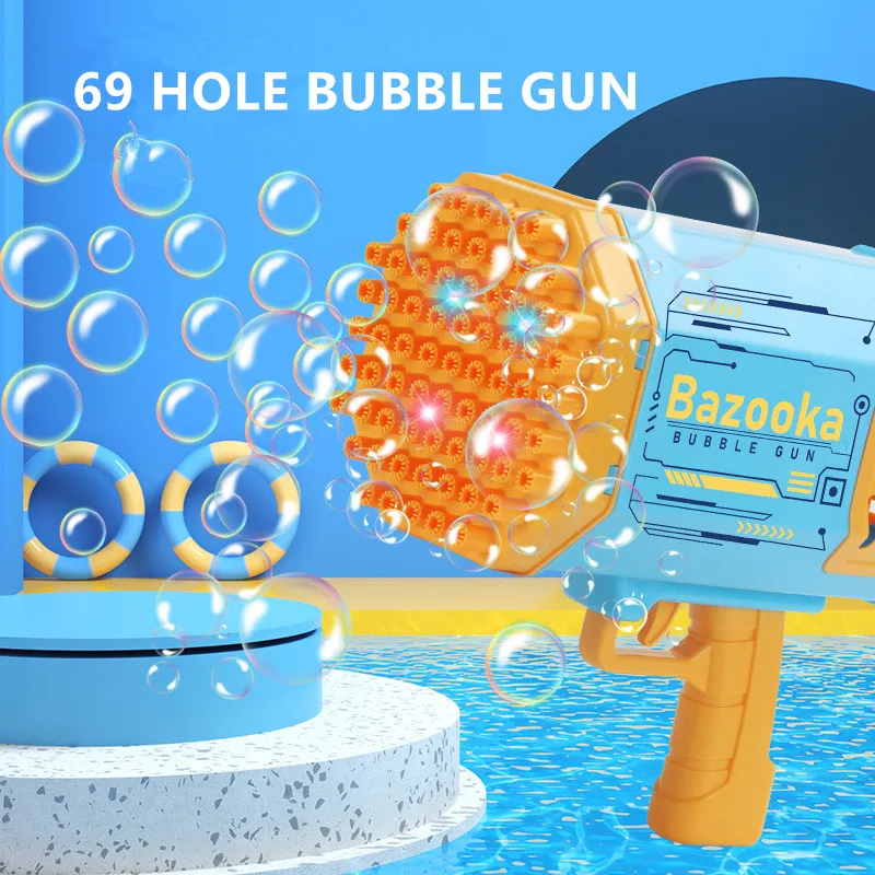 Soap Machine Blower Kids Toy Electric Gatling Bubble Gun 69 Holes Light Rocket Bazooka