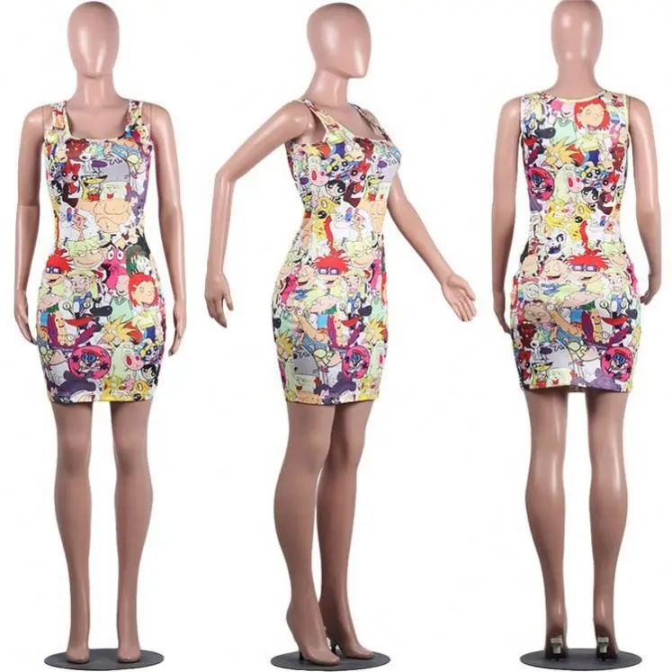 Лидер продаж, Элегантное летнее Повседневное платье без рукавов с мультяшным принтом rugrats, женские платья для девочек